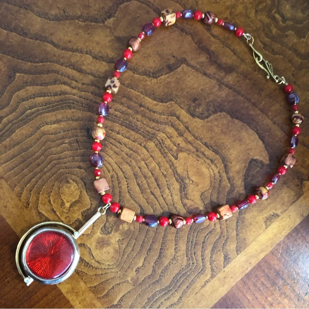 Handcrafted repurpose mixed bead crackle pendant Czech glass Pearl necklace